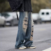 Men Jeans Retro Tattered Jeans Jeans Men's Summer Washed Distressed Loose Wide-Leg Straight Pants
